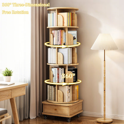 6 Tier Rotating Bookshelf, 360° Display Round Spinning Bookshelf with Wheels and Drawer, Space-Saving, Small Space Rotating Bookshelf Tower – Natural
