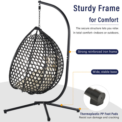 U_STYLE Sturdy Hammock Chair with Stand, Durable Hanging Egg Chair with Rattan Weaving ,Comfortable Indoor Outdoor Swing  chairs with Soft Removable Cushion,Suitable for Balcony, Bedroom,or Garden