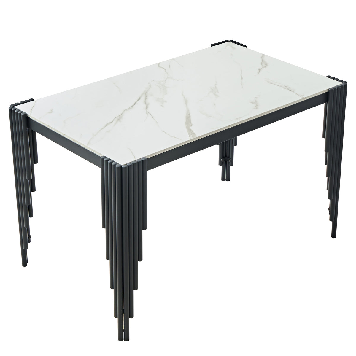 Modern 49" Rectangular Dining Table, White Marble-Look MDF Top with Black Metal Legs, Space-Saving Kitchen Desk for Small Apartments, Easy Assembly