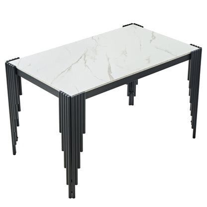 Modern 49" Rectangular Dining Table, White Marble-Look MDF Top with Black Metal Legs, Space-Saving Kitchen Desk for Small Apartments, Easy Assembly