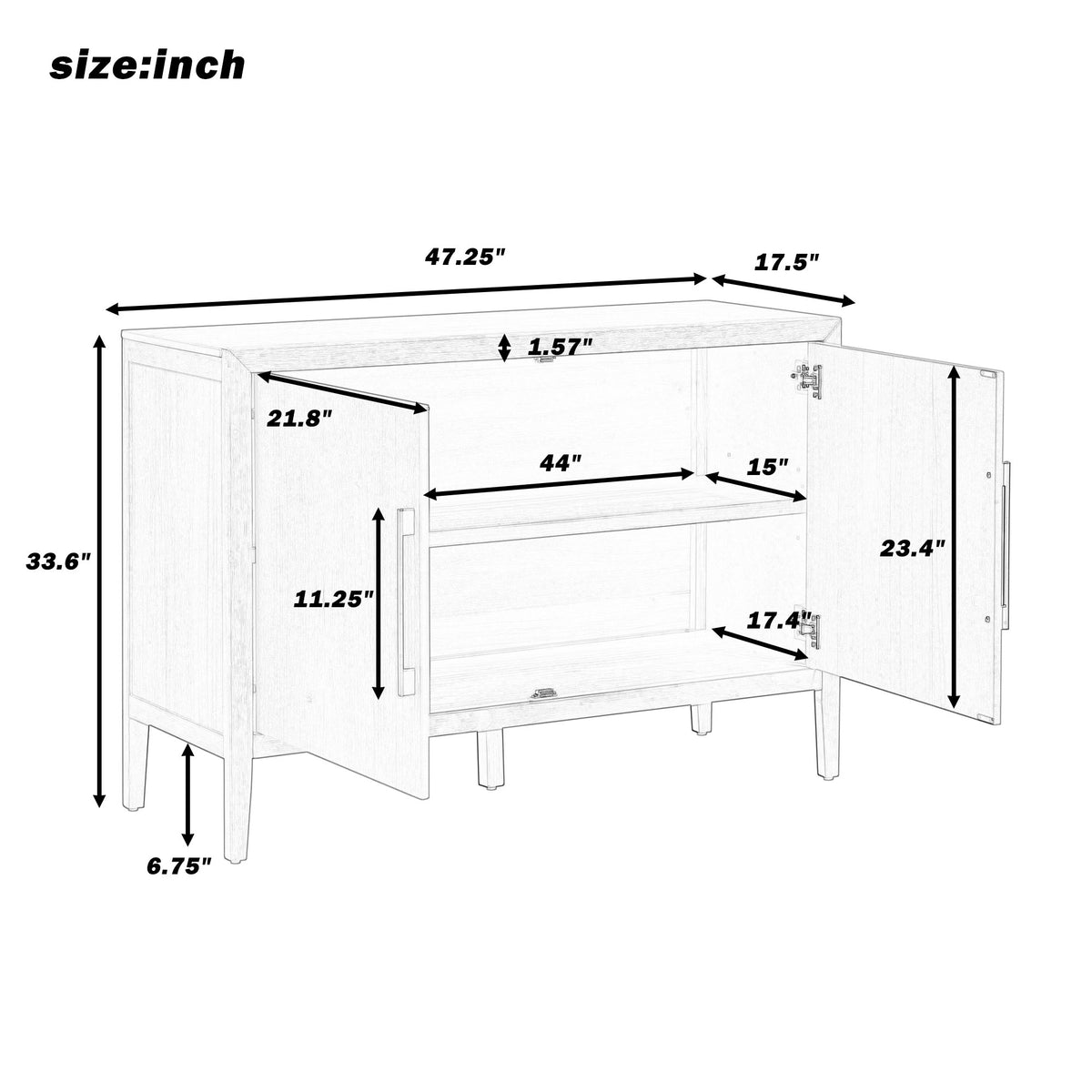 U_STYLE 47.25-Inch Farmhouse Sideboard with Pine Veneer and 2 Doors, Retro Buffet with Adjustable Feet – Model N711P410389D