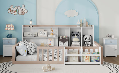 Twin Size Kids Wooden Platform Bed Frame with Guardrail Fence, Side Storage Shelves & Book Shelf, Space Saving Floor Bed,Nude and  White