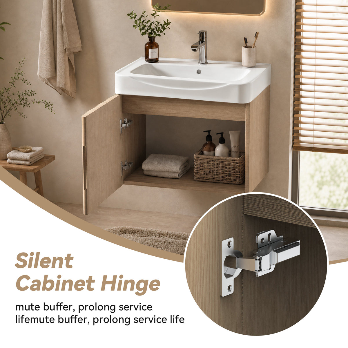 Wall Mount20' Light Oak Bathroom Vanity with Ceramic Sink with one faucet holes, Cabinet  Soft close doors  Pre-installed and completed