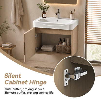 Wall Mount20' Light Oak Bathroom Vanity with Ceramic Sink with one faucet holes, Cabinet  Soft close doors  Pre-installed and completed