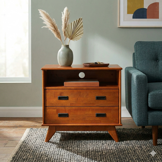 Draper 28W Bedside Table with Bottom Drawers and Top Shelf