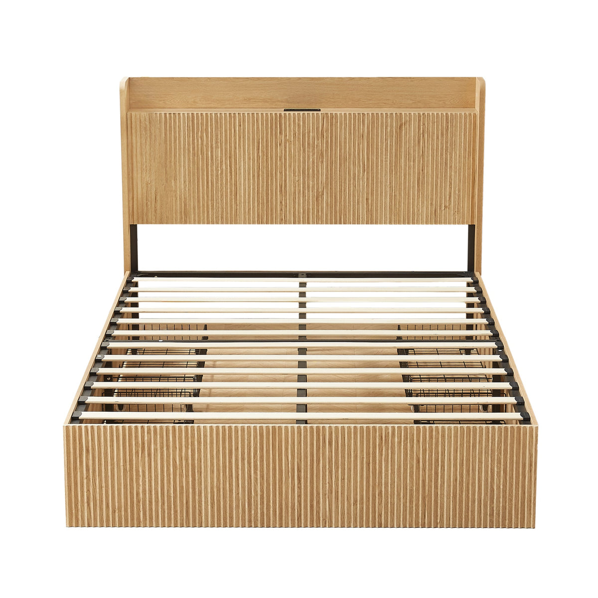 Queen Size Platform Bed Frame with 4 Storage Drawers and Built-in Charging Station, Wooden Storage Box Bed, Large Capacity Organizer Bed Frame for Bedroom,Natural