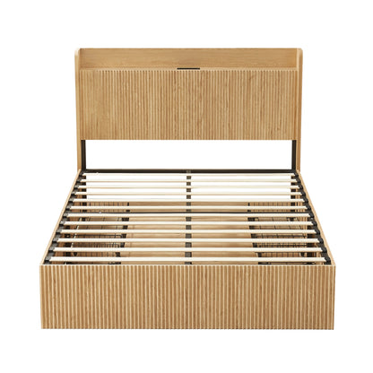 Queen Size Platform Bed Frame with 4 Storage Drawers and Built-in Charging Station, Wooden Storage Box Bed, Large Capacity Organizer Bed Frame for Bedroom,Natural