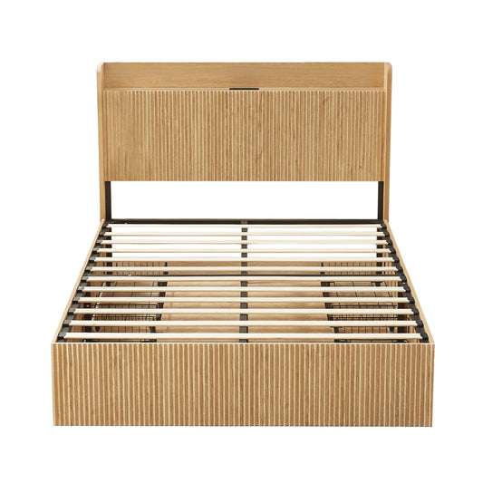 Queen Size Platform Bed Frame with 4 Storage Drawers and Built-in Charging Station, Wooden Storage Box Bed, Large Capacity Organizer Bed Frame for Bedroom,Natural