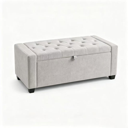 Storage Bench, End of Bed Storage Benches, Chenille Fabric Upholstered Ottoman Bench with Safety Hinge for Living Room Entryway Bedroom Hallway.Light Gray