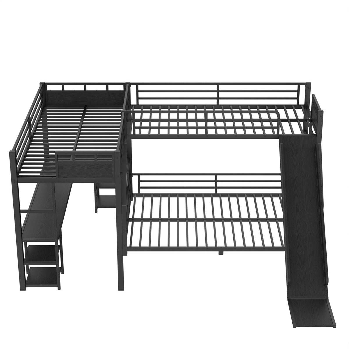 L-Shaped Metal Bunk Bed (Top bed: twin xl, bottom bed: queen) with Single Loft Bed, Desk, and Storage Shelves, USB Charging Port Included - Metal Triple Bunk Bed with Slide,B