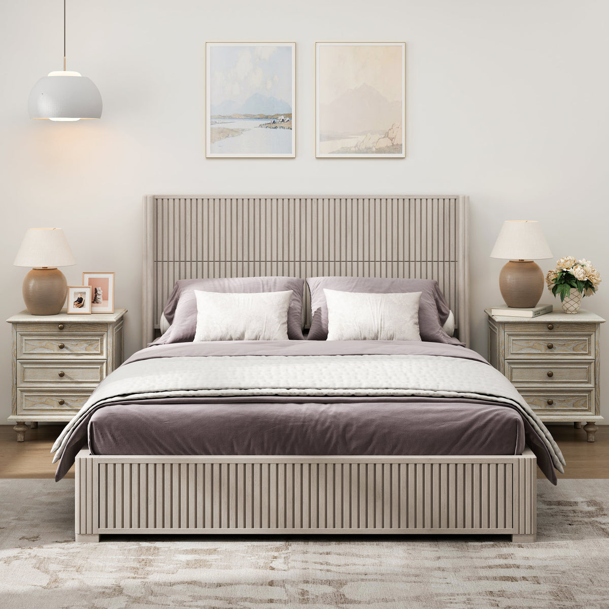 (ETA:9.21-AT:25) Solid Wood Platform Bed Frame with Headboard, No Box Spring Needed, Floor-standing bed, Easy Assembly, Queen Size, Beige