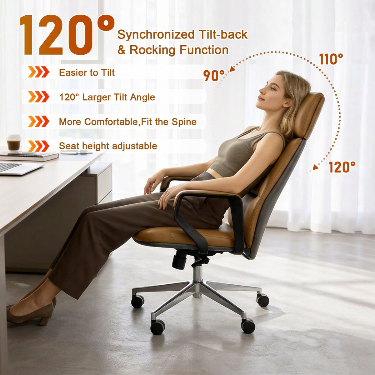 FurniBaron PU Leather High Back Office Chair with , ergonomic lumbar support 400lbs, sturdy metal base, 360° silent wheels, fit for home and office