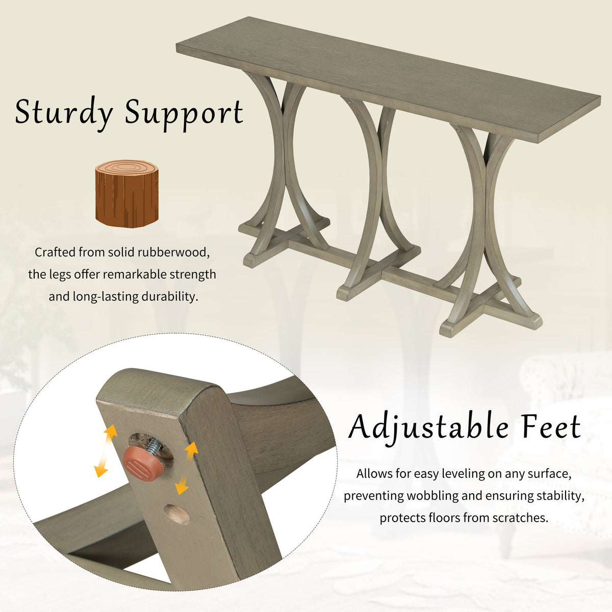 U-Style 59.8'' Wooden Console Table with Oak Veneer Top,Farmhouse Entryway Table with Rubber Wood Slender Curved Legs,Perfect for Living Room,Entryway,Hallway, Dining Spaces.