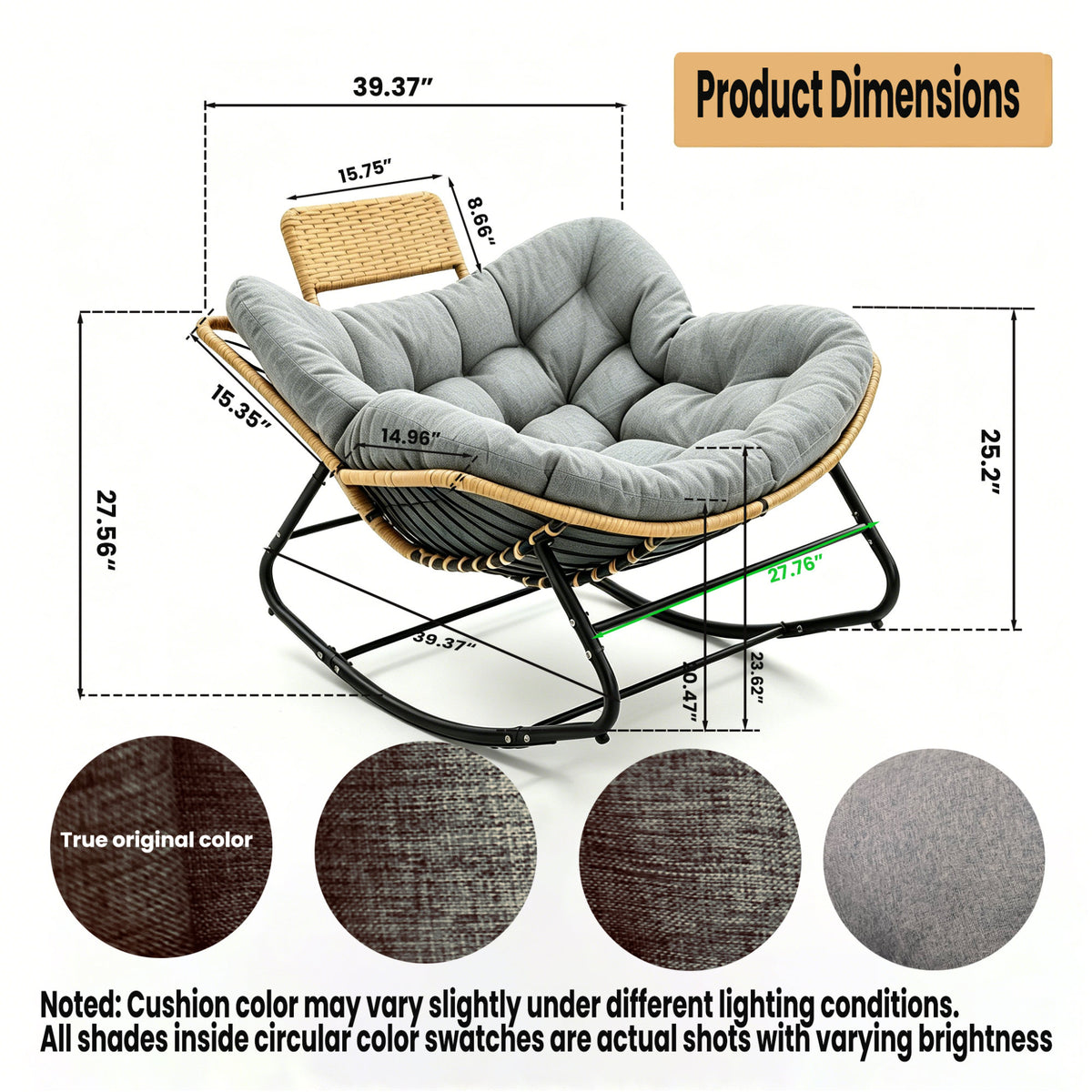 39.37"Papasan Rocking Chair Outdoor, Oversized Patio Egg Chair with Thick Cushion And Handwoven Rattan Head Pillow,Indoor Wicker Lounge Rocker Bed for Balcony, Porch, Garden, Dark Grey