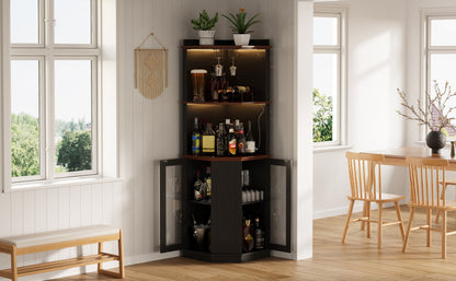 67.3" Corner Bar Cabinet with Power Outlet, Farmhouse Wine Bar Cabinet with Adjustable Shelves for Home,with Lights & Glass Rack for Dining Room, Living Room, Kitchen