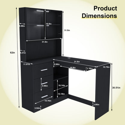 Black L-Shaped Computer Desk with Glass Cabinets, Built-In LED Lights, USB Charging Ports