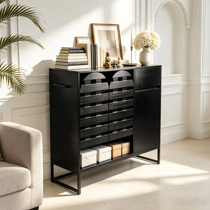 Buffet Cabinet with Storage: 44.49"Black Woven Door Accent Cabinets,with Arched Doors,with Multi layer Adjustable,with Metal Leg,woven door and drawer - for Kitchen Living Dining Room Entryway