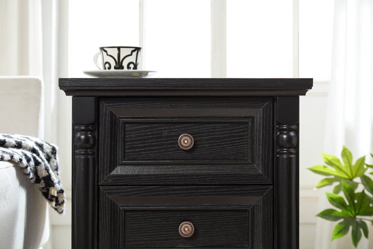 Farmhouse Style 3 Drawer Sofa Side Table with Charging Pedestal, Tall Rustic Wood Square Nightstand with Wooden Base and Roman Posts Rustic Chest of Drawers for Living Room, Bedroom, Office