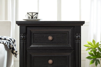 Farmhouse Style 3 Drawer Sofa Side Table with Charging Pedestal, Tall Rustic Wood Square Nightstand with Wooden Base and Roman Posts Rustic Chest of Drawers for Living Room, Bedroom, Office