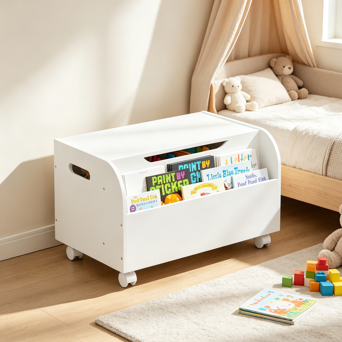 Wooden Toy Box with 4 Universal Wheels, Kids Toy Storage Organizer with Front Bookshelf, Flip-Top Lid, Safety Hinge - White