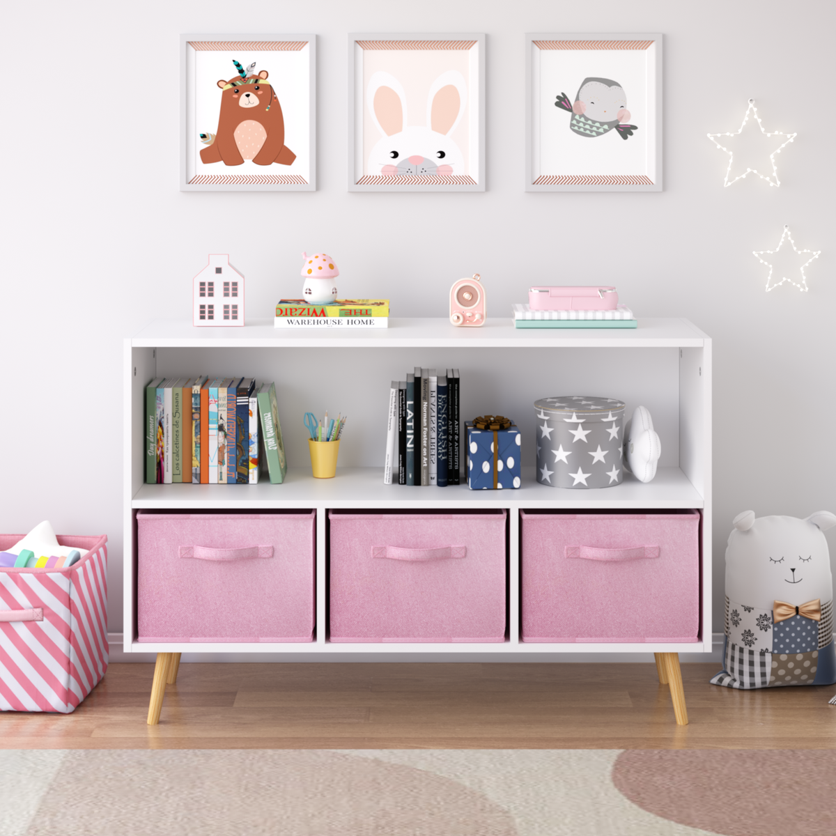 Kids bookcase with Collapsible Fabric Drawers, Children's Book Display, Toy Storage Cabinet Organizer, White/Pink