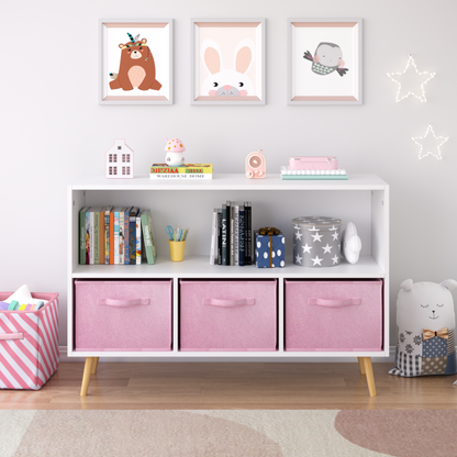 Kids bookcase with Collapsible Fabric Drawers, Children's Book Display, Toy Storage Cabinet Organizer, White/Pink