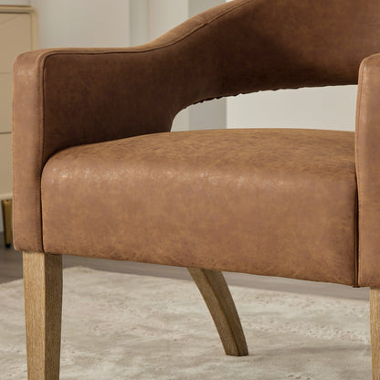 Modern Upholstered PU Open Back Accent Armchair Barrel Dining Chair with Weathered Rubberwood Legs, Hollow-Out Side Club Chair for Living Room Bedroom Restaurant Cafes Dining Room Reception,Brown