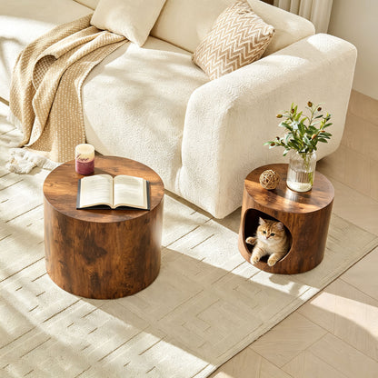 Cat Nest Nesting Stool Set Round Nesting Coffee Table Set of 2 for Living Room,No Assembly Dark Brown