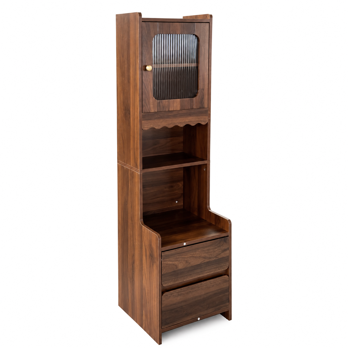 Tall Nightstand with  Glass Door, Mid-Century Modern Bedside Table with Open Shelves and 2 Drawers, Walnut Wood Night Stand & Bookshelf for Bedroom, Living Room