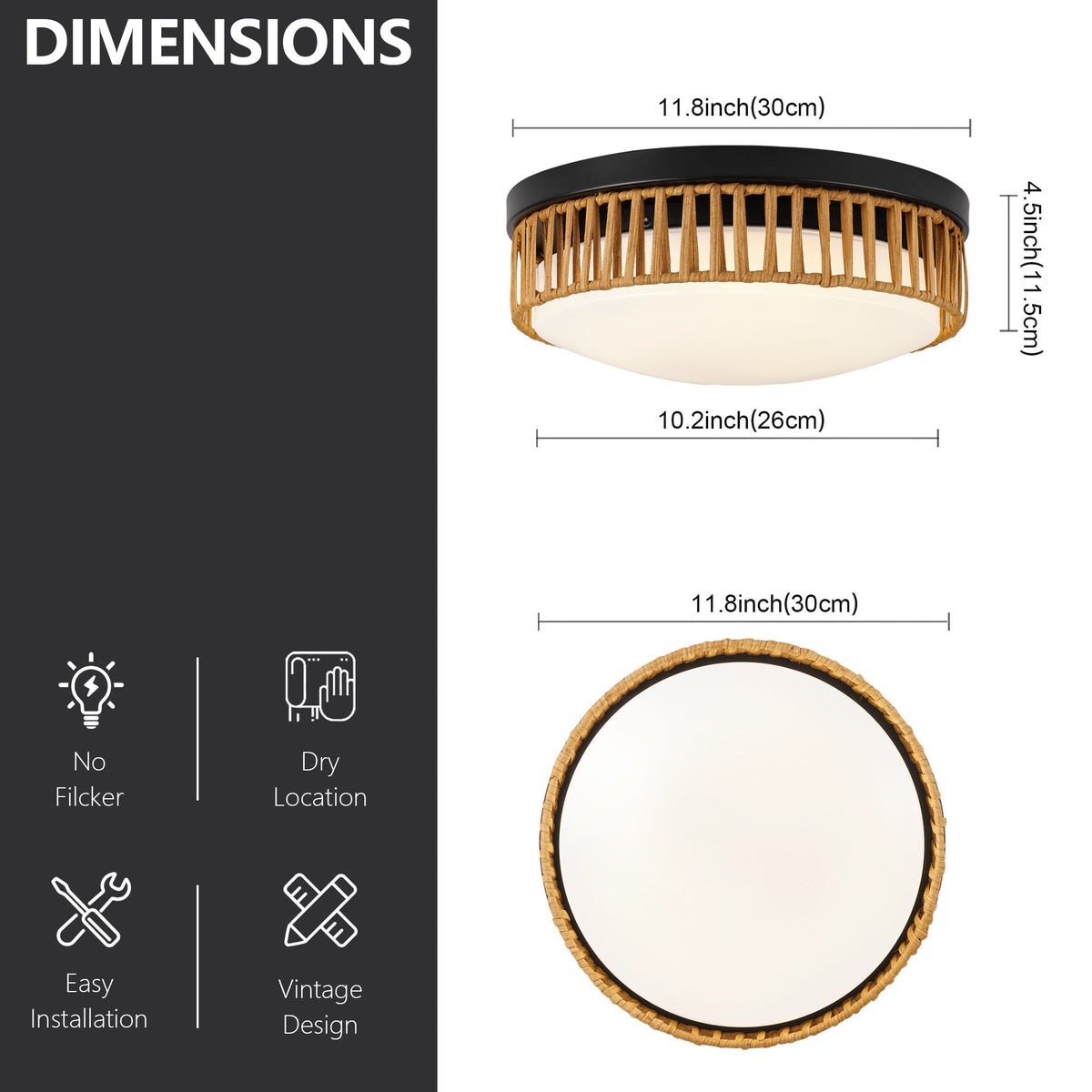 11.81" LED Flush Mount Ceiling Light, 14W 5CCT Selectable, Black & Wood Grain Metal Frame, Acrylic Shade