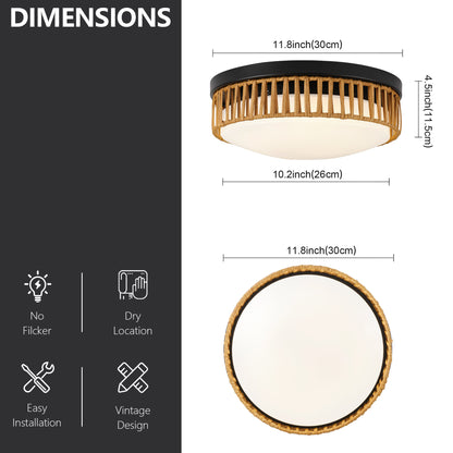 11.81" LED Flush Mount Ceiling Light, 14W 5CCT Selectable, Black & Wood Grain Metal Frame, Acrylic Shade