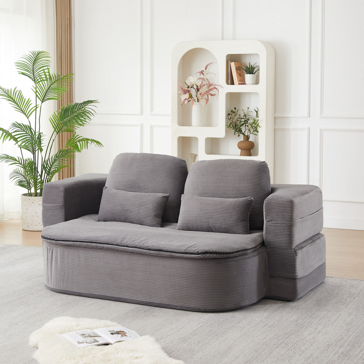 75'' 2-in-1 Foldable Sofa Bed with Multi-Functional Blanket in Grey Corduroy, Convertible Floor Lounge for Living Room Bedroom Studio