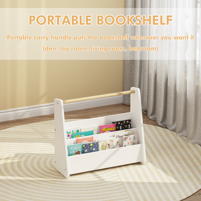 Kids Bookshelf with Wooden Handle, 2-Tier Front-Facing Toddler Bookcase, Portable Children's Book Storage Organizer, or Classroom, White
