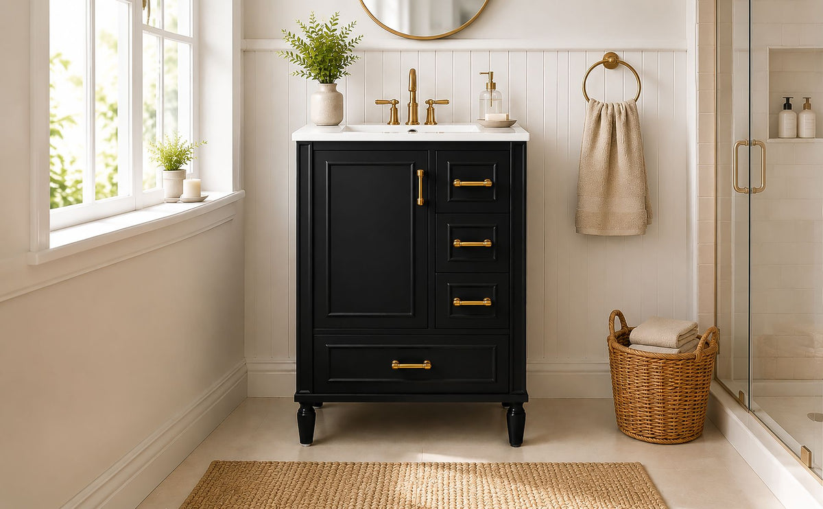 24' Modern Bathroom Vanity with Ceramic Sink, Soft-Close Door, 3 Drawers, Gold Handles, and Door-Mounted Rack for Space-Saving Storage(Old SKU:N729P373272B)