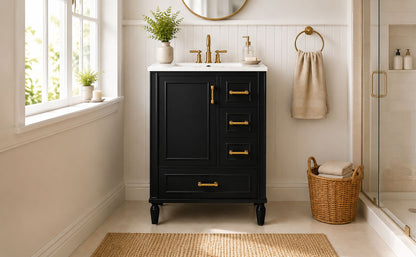 24' Modern Bathroom Vanity with Ceramic Sink, Soft-Close Door, 3 Drawers, Gold Handles, and Door-Mounted Rack for Space-Saving Storage(Old SKU:N729P373272B)