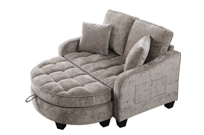 Two-seater sofa, double sofa chaise longue, with irregular armrests and backrests, footrest with storage space – Brown