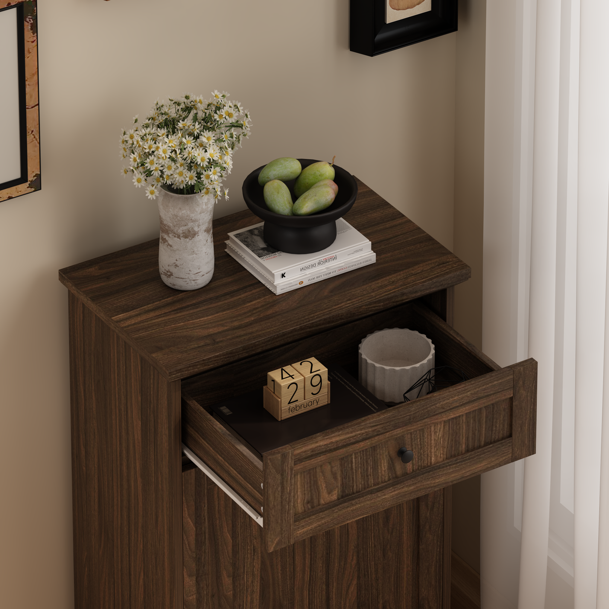 10 Gallon Tilt Out Trash Cabinet Freestanding Trash Bin Cabinet Wood Garbage Recycling Cabinet with Hideaway Drawer Pet Proof Trash Can Holder for Kitchen Living Room, Antique Brown (not include can)