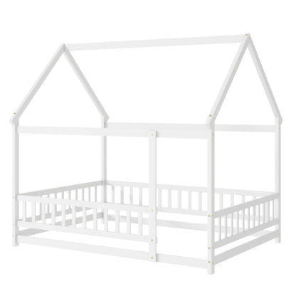 Full Size House Floor Wooden Bed with Roof Frame, Safety Guardrails,Whtie