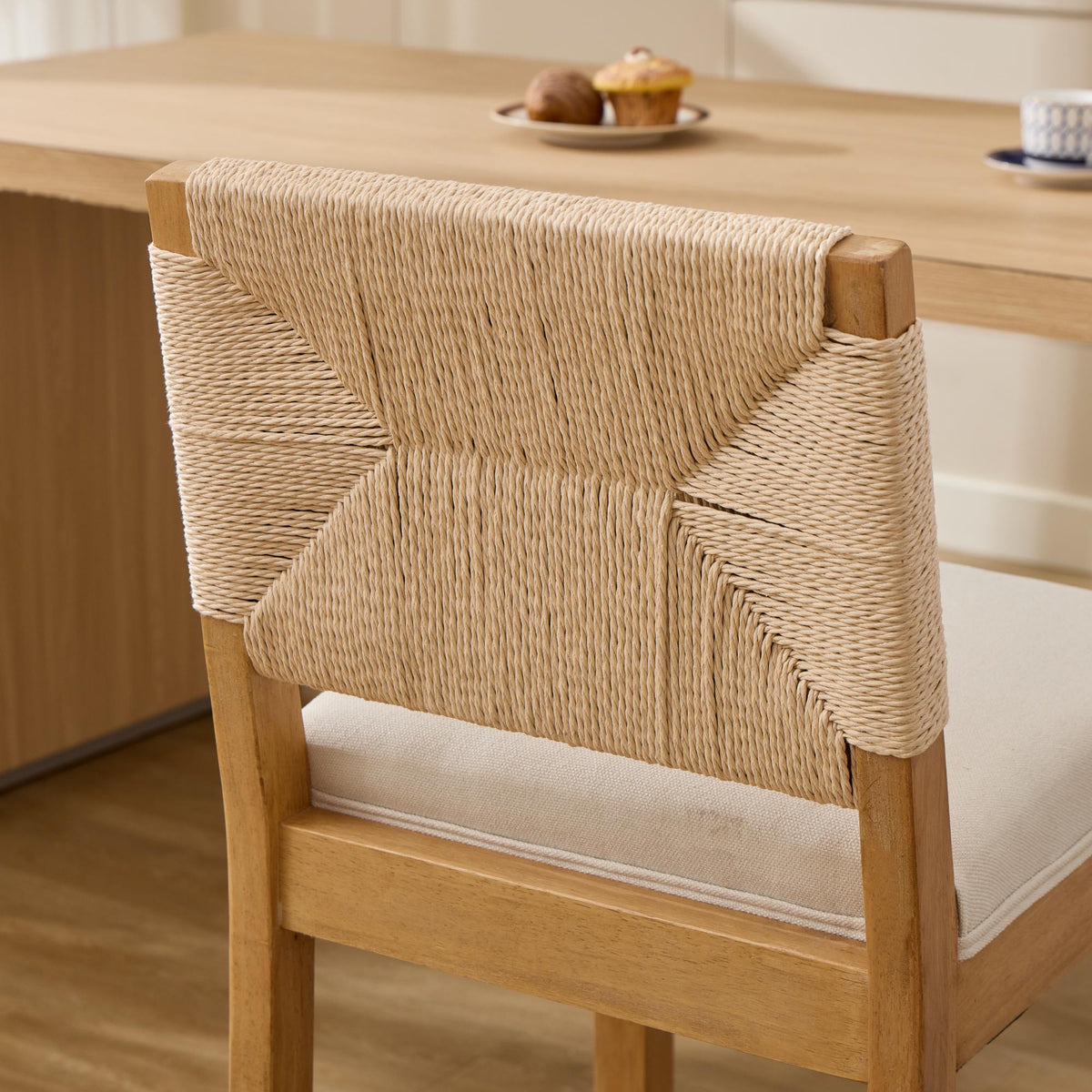 Hand‑Woven Rattan Counter Height Bar Stools Set of 2, 27 Inch Seat Height, Linen Upholstered Barstools with S‑Spring & High‑Density Sponge Cushion, Solid Wood Frame for Kitchen Island,SW1872MT