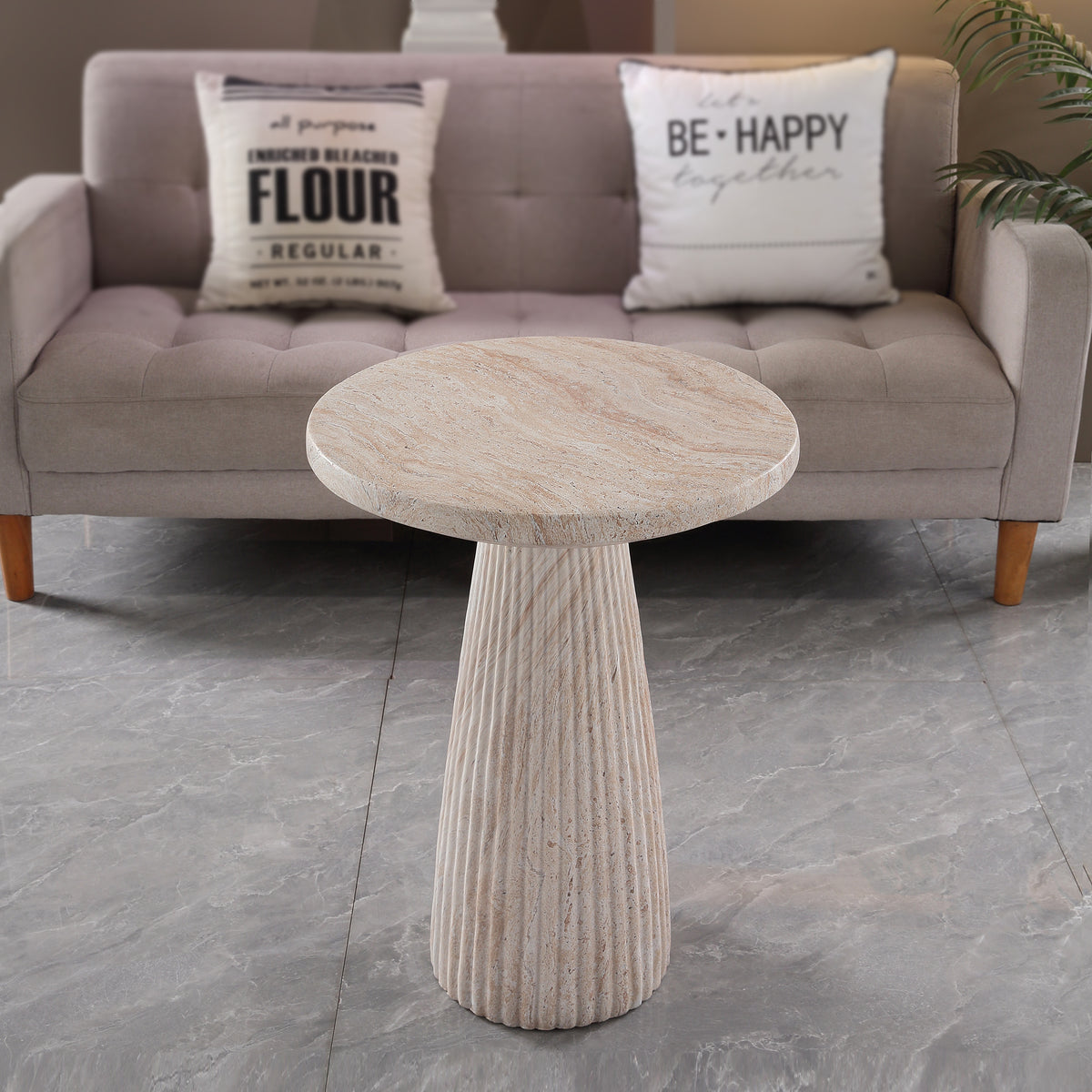 Fluted Pedestal Round Coffee Table, MgO Faux Travertine Accent Coffee Table, Indoor & Outdoor Decorative Table for Living Room Backyard Patio, Top Dia 17.91" x H 24.02"
