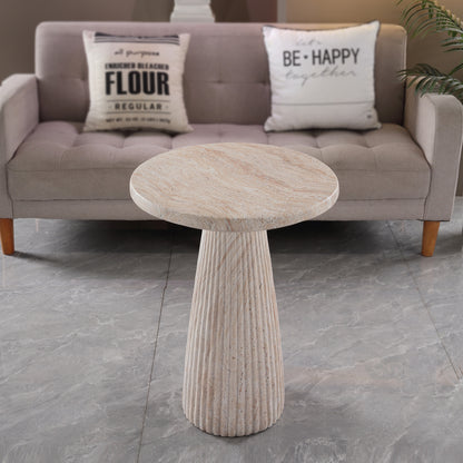 Fluted Pedestal Round Coffee Table, MgO Faux Travertine Accent Coffee Table, Indoor & Outdoor Decorative Table for Living Room Backyard Patio, Top Dia 17.91" x H 24.02"