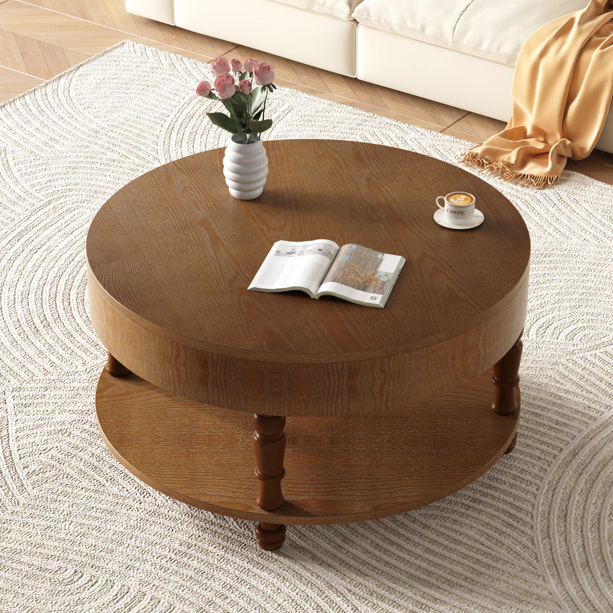 Coffee Table with Dual Storage, 31.5" Modern Round Coffee Table with Storage and Hidden Compartment, Adjustable Leveling Feet, Easy Assembly - Walnut