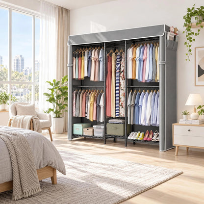 Heavy Duty Closet Organizer System, Freestanding Clothing Rack with Shelves, Adjustable Garment Rack with Grey Cover & Side Pocket, Portable Closets for Hanging Clothes, 72.8''×17.7''D×76.77''H, Black