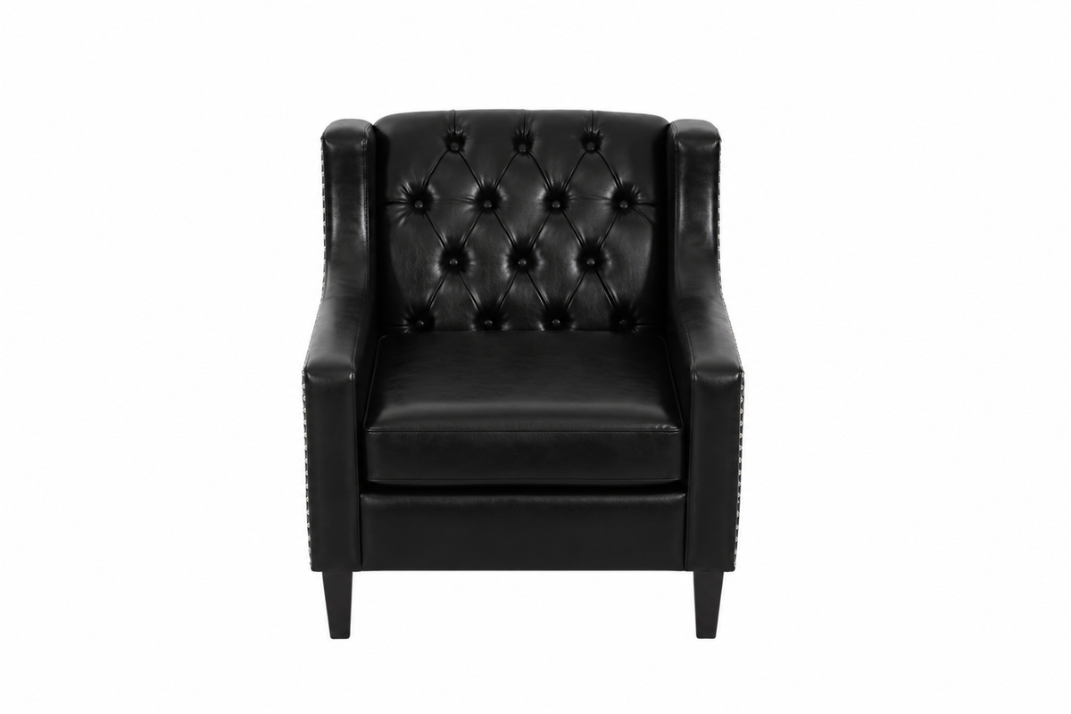 Black Faux PU Leather Accent Chair, Mid-Century Tufted Armchair with Nailhead Trim, Equipped with High Resilience Sponge Cushion & Solid Wood Legs, Comfortable Single Sofa for Living Room, Bedroom