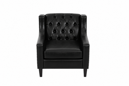 Black Faux PU Leather Accent Chair, Mid-Century Tufted Armchair with Nailhead Trim, Equipped with High Resilience Sponge Cushion & Solid Wood Legs, Comfortable Single Sofa for Living Room, Bedroom