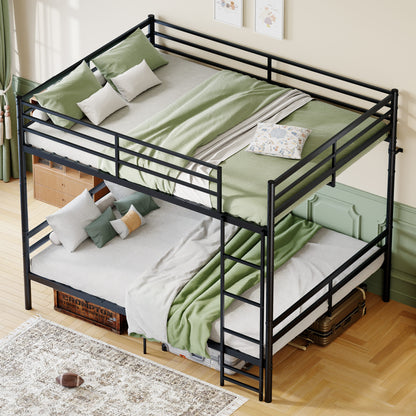 Queen-size heavy-duty bunk bed with ladder and high guardrails, 20 crossbars, minimum load capacity of 880 lbs per bunk, can be split into two double beds, includes storage space, black.