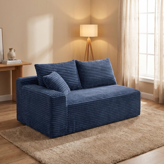 Blue Corduroy Ground-Hugging Compressed Loveseat, Armless No-Legs 2-Seater Sofa for Living Room Small Apartment