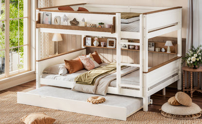 Queen over Queen Wood Bunk Bed with Pull-out Trundle Bed, Side Storage Shelf, Detachable Bunk Bed Frame, Convertible Into 2 Separate Beds for Kids Teens Adults, Beige&Natural