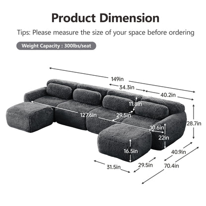 U-shaped Boneless Sofa 32D High Density Sponge Bottom Anti-Slip Design No Assembly Required Ergonomic Design Free Combination Full-compression Vacuum Packaging For Living Rooms,Studies,Dark Grey