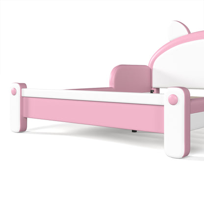 Full Cute Cat Shaped Upholstered Kids Platform Bed, Princess Style Low Profile Children Bed Frame for Bedroom,white&Pink